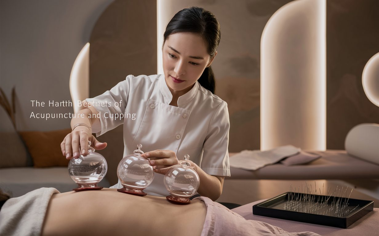 A woman lying on a massage table with acupuncture needles placed on her back, suggesting an acupuncture treatment session