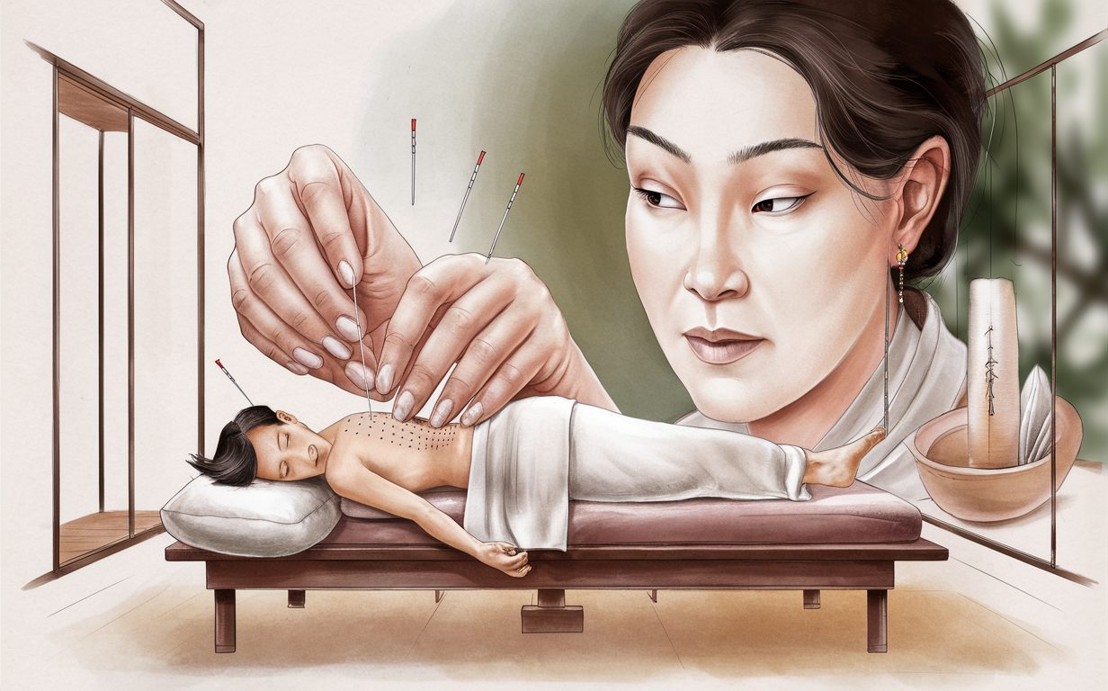An illustration depicting an acupuncture practitioner performing acupuncture treatment on a patient lying on a massage table, with close-up details of the practitioner's hands and needles.