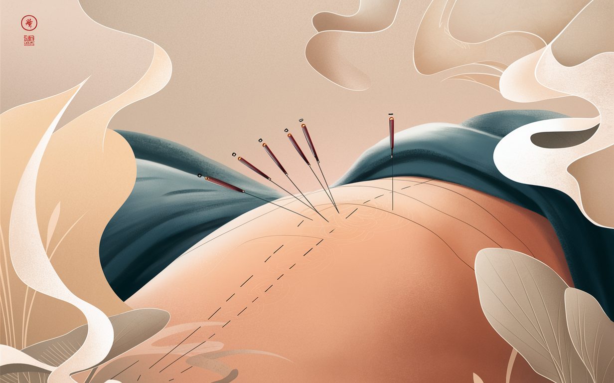 An illustration depicting acupuncture needles penetrating skin, with stylized clouds and shapes in the background, representing the practice of acupuncture for pain relief.