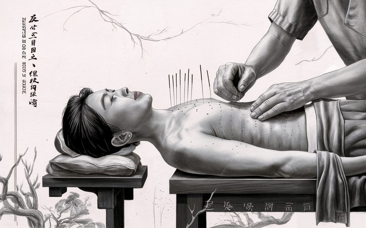 A greyscale illustration depicting an acupuncture treatment session, showing a person lying on a table while a practitioner inserts acupuncture needles into specific points on their body to provide pain relief.