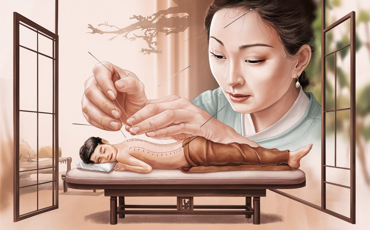 An illustration depicting acupuncture therapy, with giant hands treating a woman lying on a massage table, surrounded by nature elements.