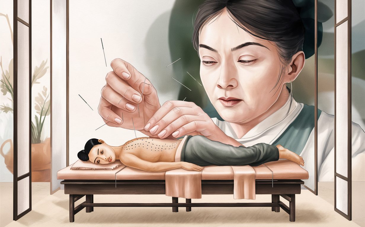An illustration depicting an acupuncturist carefully inserting needles into the back of a patient lying on a treatment table, suggesting the use of acupuncture for pain management and relief.