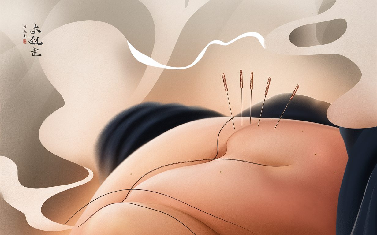 An abstract illustration depicting acupuncture needles inserted into a stylized human form against a background of organic curves in beige and brown tones
