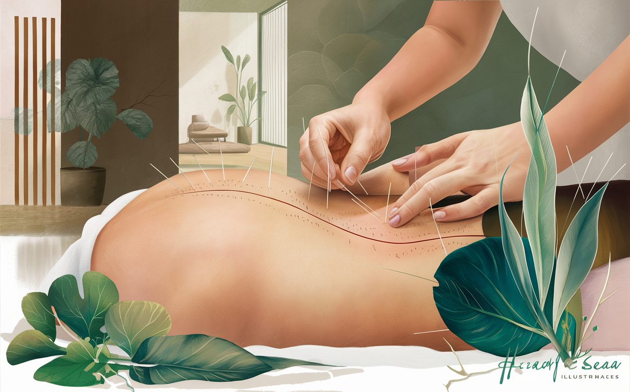 Illustration of hands performing acupuncture treatment on a person's back, surrounded by plants in a relaxing setting.