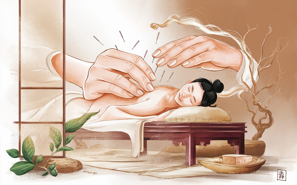 An illustration of an acupuncturist carefully inserting acupuncture needles into a patient lying on a treatment table, aiming to provide pain relief through the ancient practice of acupuncture.