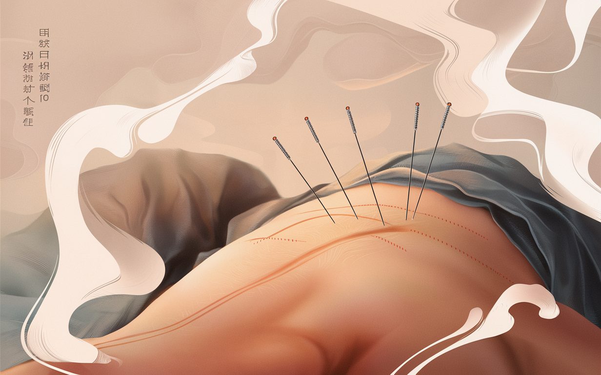 An artistic illustration depicting acupuncture needles inserted into a human body landscape, suggesting the use of acupuncture for pain relief treatments.