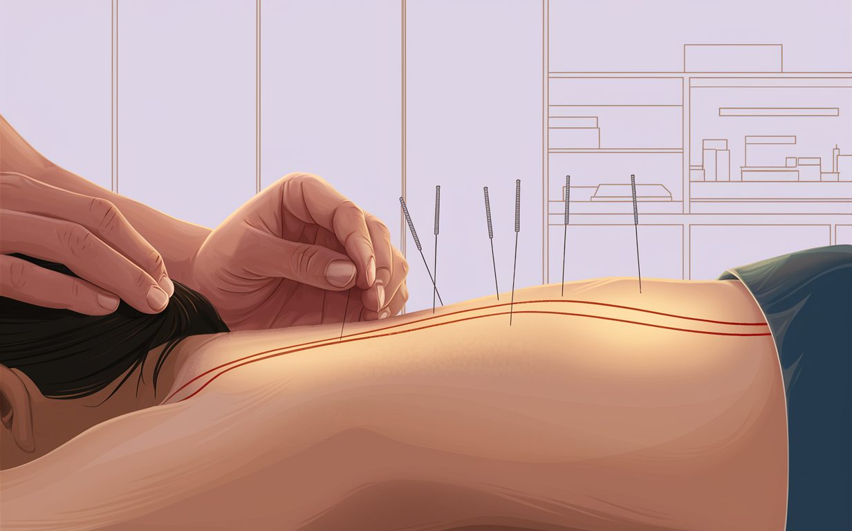 A woman lying down and receiving an acupuncture treatment, with needles strategically placed on her face and body to target specific pain points and promote healing.